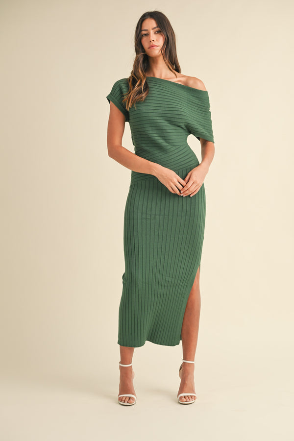 SANDRA OFF THE SHOULDER RIBBED KNIT MIDI DRESS