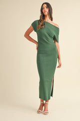 SANDRA OFF THE SHOULDER RIBBED KNIT MIDI DRESS