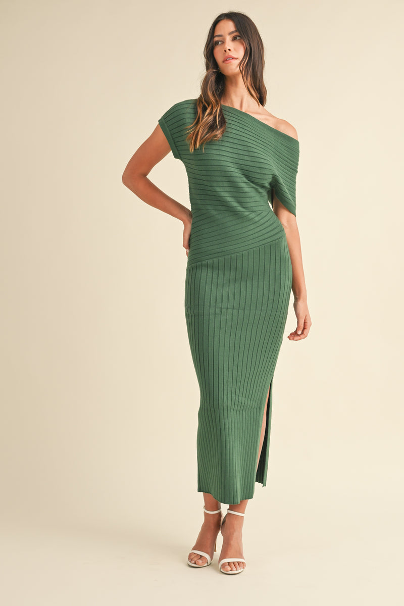 SANDRA OFF THE SHOULDER RIBBED KNIT MIDI DRESS