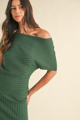 SANDRA OFF THE SHOULDER RIBBED KNIT MIDI DRESS