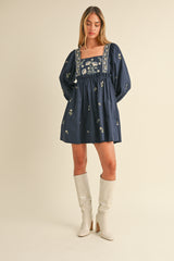 ZALENA EMBROIDERED LONG SLEEVE DRESS