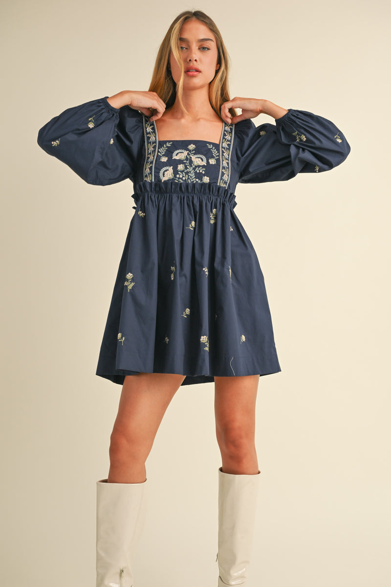 ZALENA EMBROIDERED LONG SLEEVE DRESS