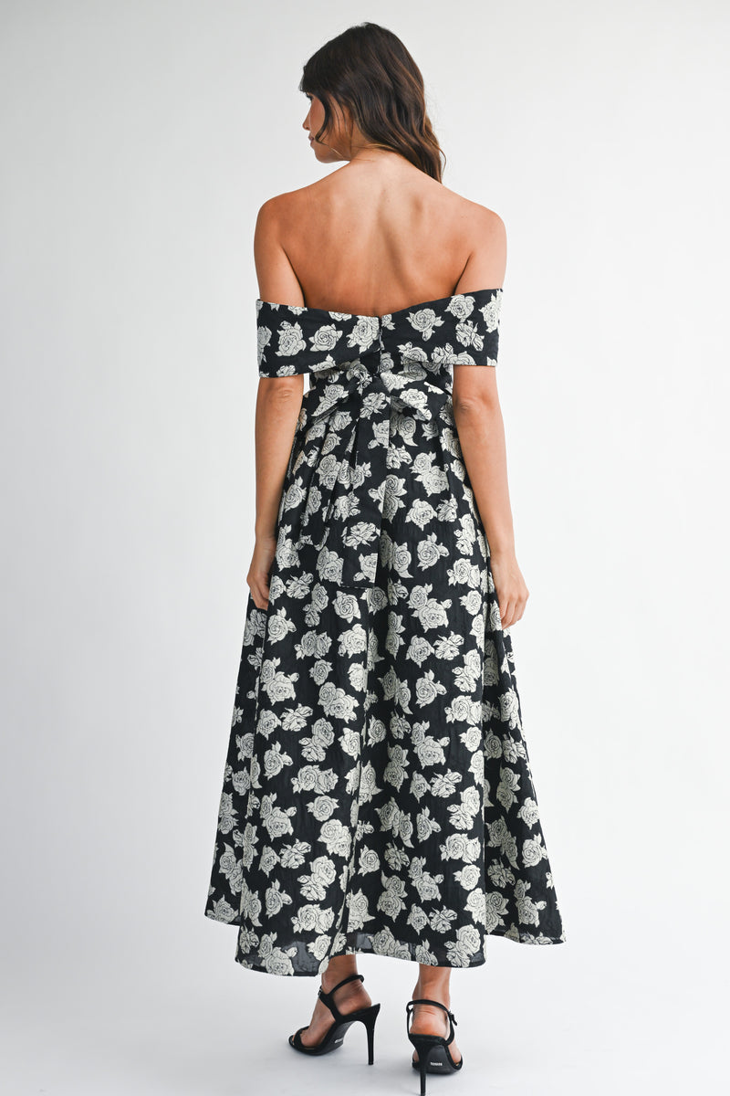 CELIA FLOWER JACQUARD OFF SHOULDER MAXI DRESS