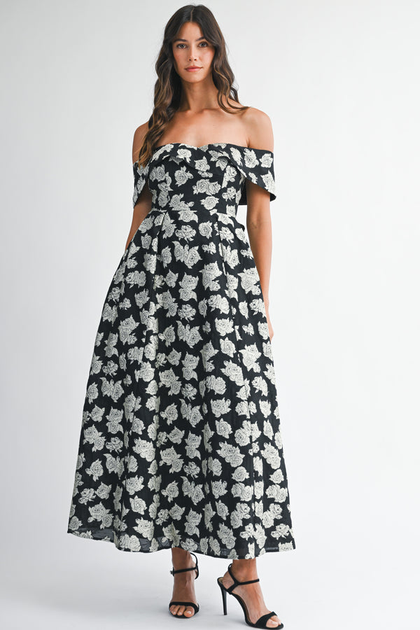 CELIA FLOWER JACQUARD OFF SHOULDER MAXI DRESS