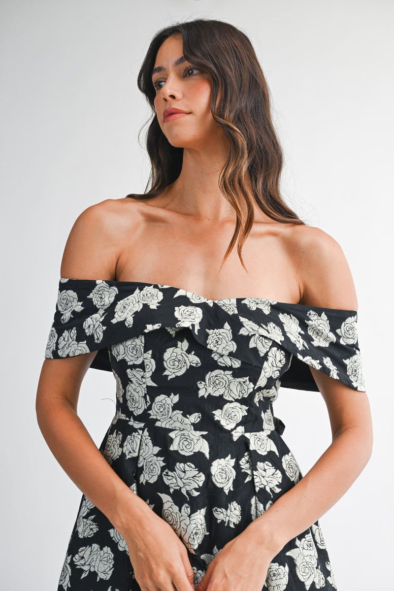 CELIA FLOWER JACQUARD OFF SHOULDER MAXI DRESS