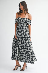 CELIA FLOWER JACQUARD OFF SHOULDER MAXI DRESS