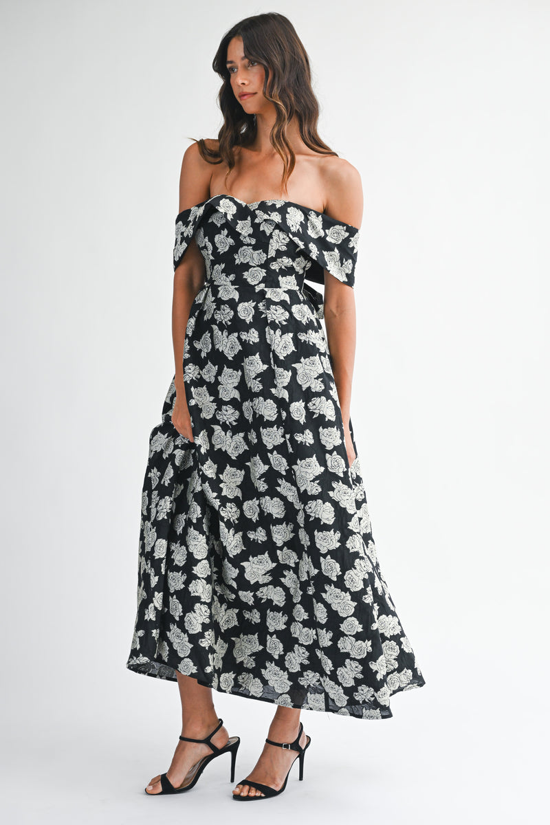 CELIA FLOWER JACQUARD OFF SHOULDER MAXI DRESS