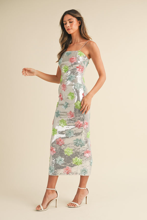 LORALYN FLORAL SEQUINCE BODYCON MIDI DRESS