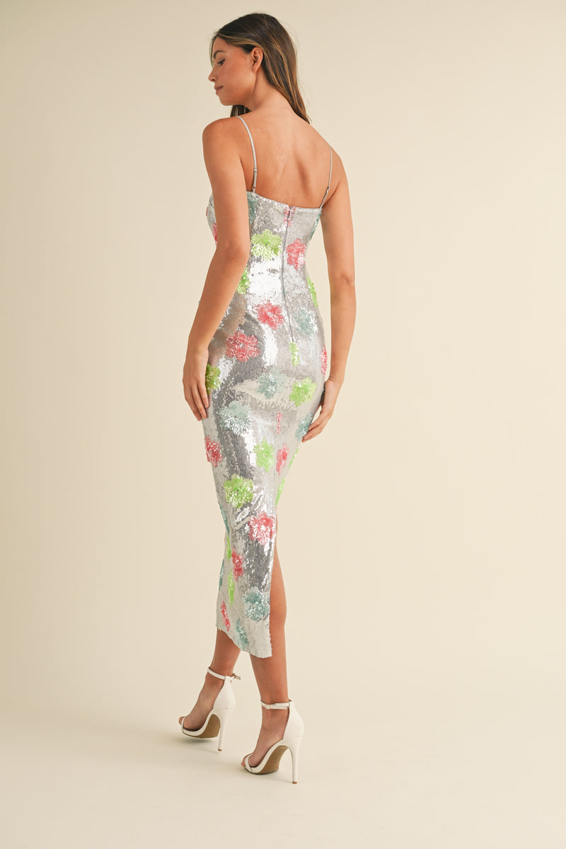 LORALYN FLORAL SEQUINCE BODYCON MIDI DRESS