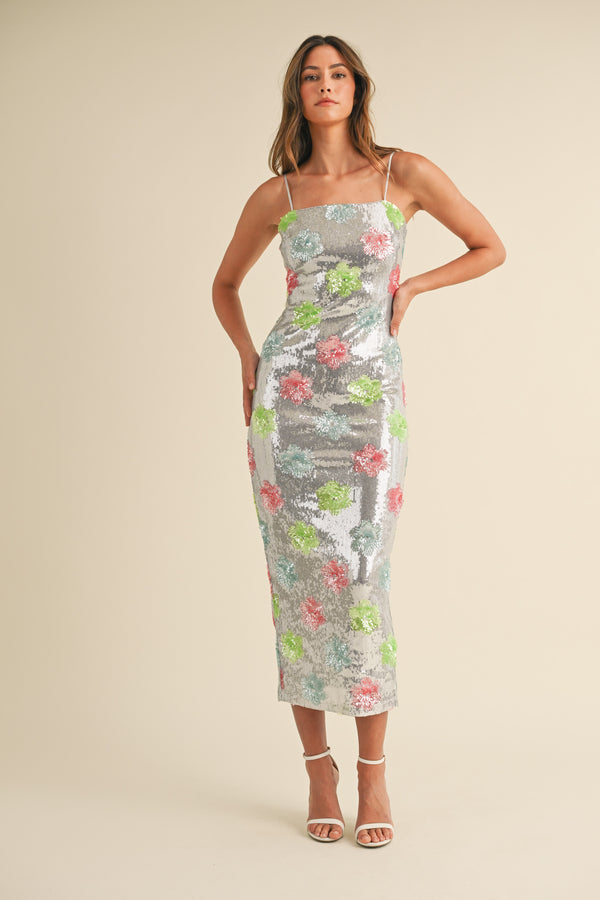 LORALYN FLORAL SEQUINCE BODYCON MIDI DRESS