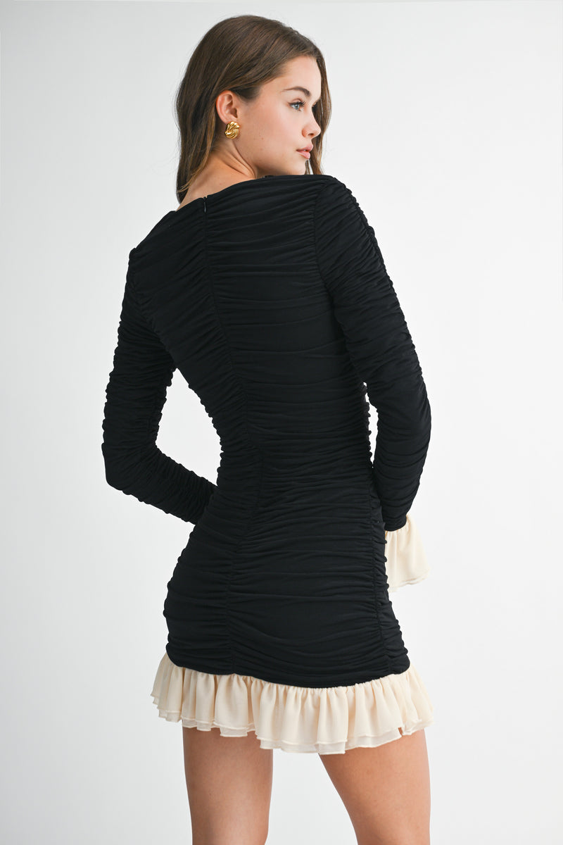 LIBERTY FRILL DETAILED RUCHED MINI DRESS