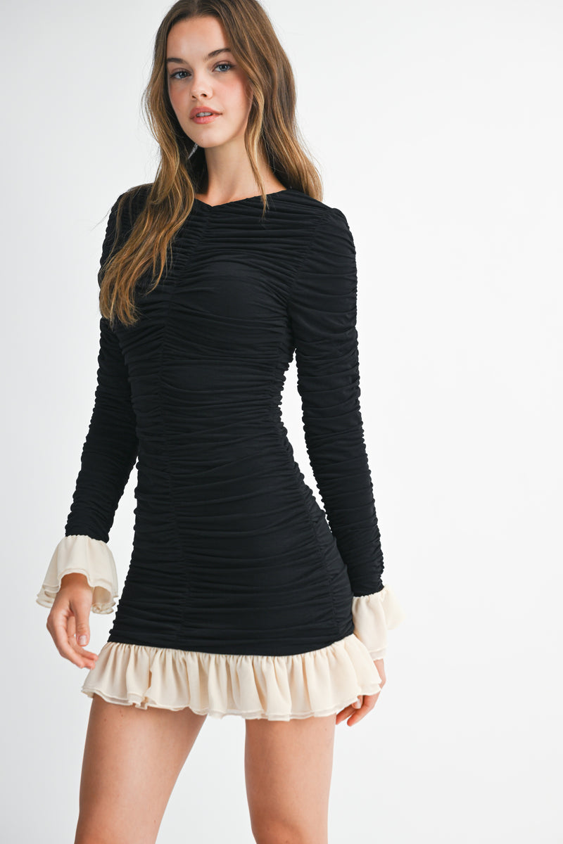 LIBERTY FRILL DETAILED RUCHED MINI DRESS