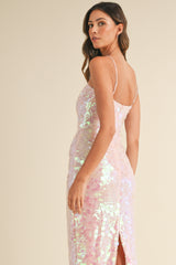 NADINA BACK SLIT SEQUINED MIDI DRESS