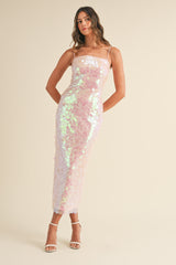 NADINA BACK SLIT SEQUINED MIDI DRESS