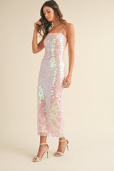 NADINA BACK SLIT SEQUINED MIDI DRESS