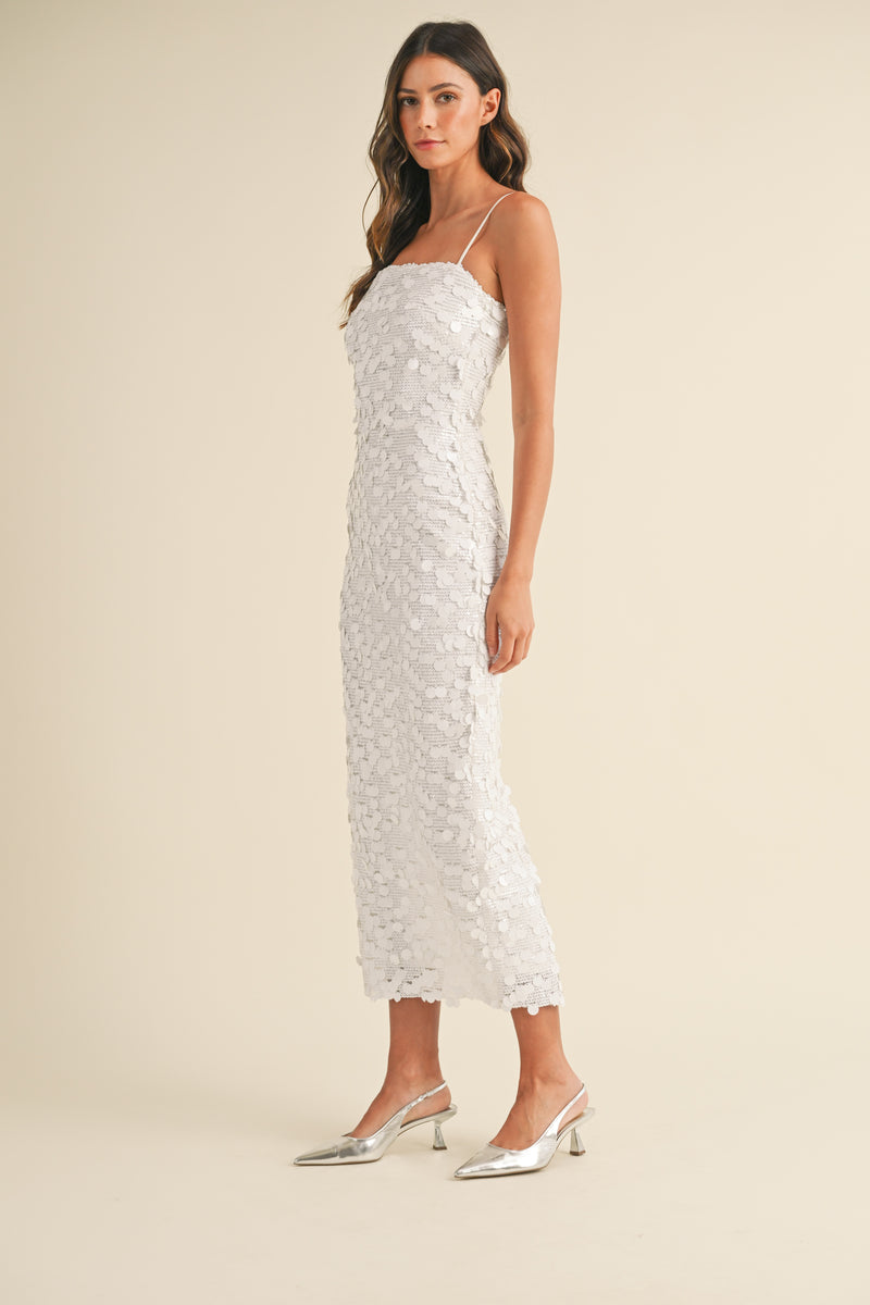 NADINA BACK SLIT SEQUINED MIDI DRESS