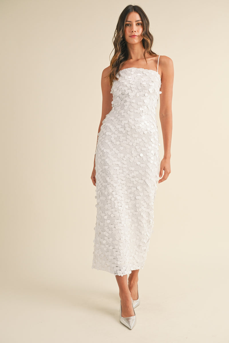 NADINA BACK SLIT SEQUINED MIDI DRESS