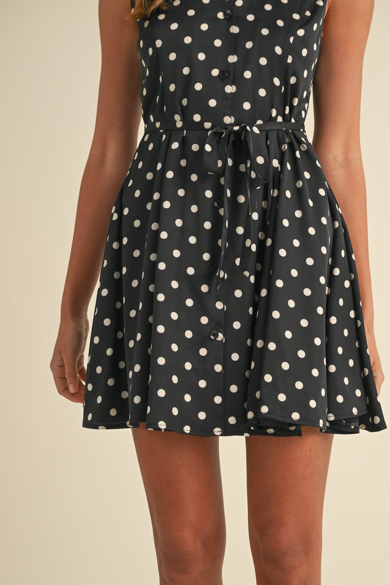 AZELINE POLKA DOT V NECK FLARED TANK MINI DRESS