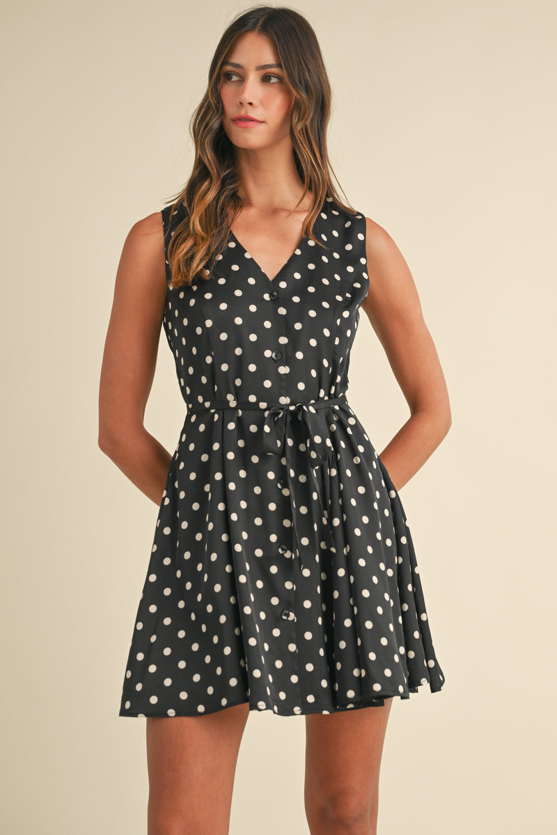 AZELINE POLKA DOT V NECK FLARED TANK MINI DRESS