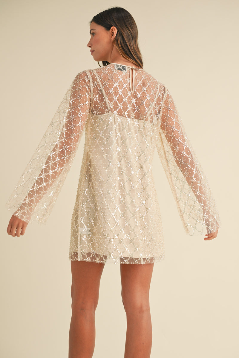SOL SEQUIN AND BEADED BELL SLEEVE MINI DRESS