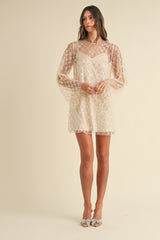 SOL SEQUIN AND BEADED BELL SLEEVE MINI DRESS