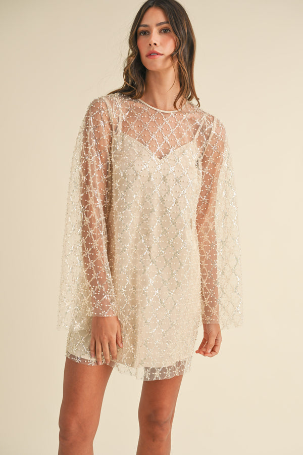 SOL SEQUIN AND BEADED BELL SLEEVE MINI DRESS