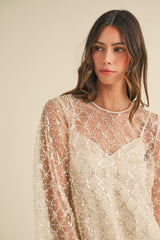 SOL SEQUIN AND BEADED BELL SLEEVE MINI DRESS
