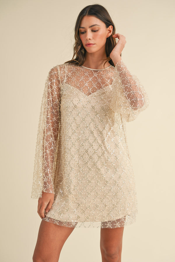 SOL SEQUIN AND BEADED BELL SLEEVE MINI DRESS