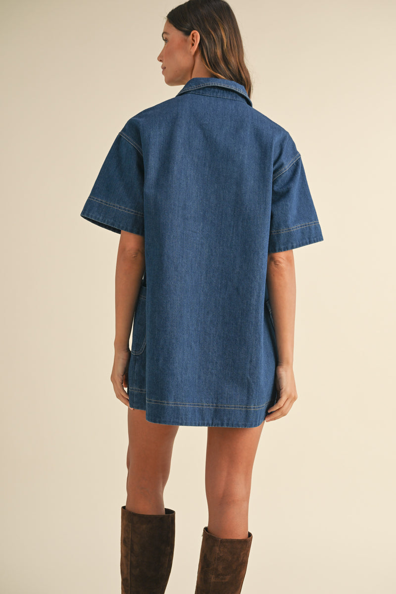 TYASHA DENIM COLLAR SIDE POCKETS MINI DRESS