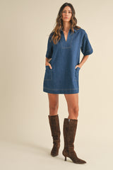 TYASHA DENIM COLLAR SIDE POCKETS MINI DRESS