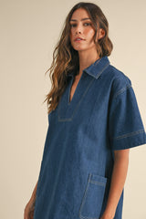 TYASHA DENIM COLLAR SIDE POCKETS MINI DRESS