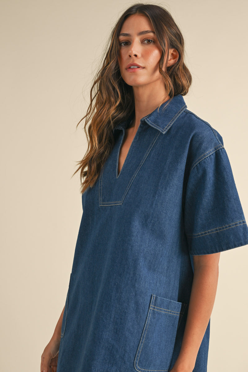TYASHA DENIM COLLAR SIDE POCKETS MINI DRESS
