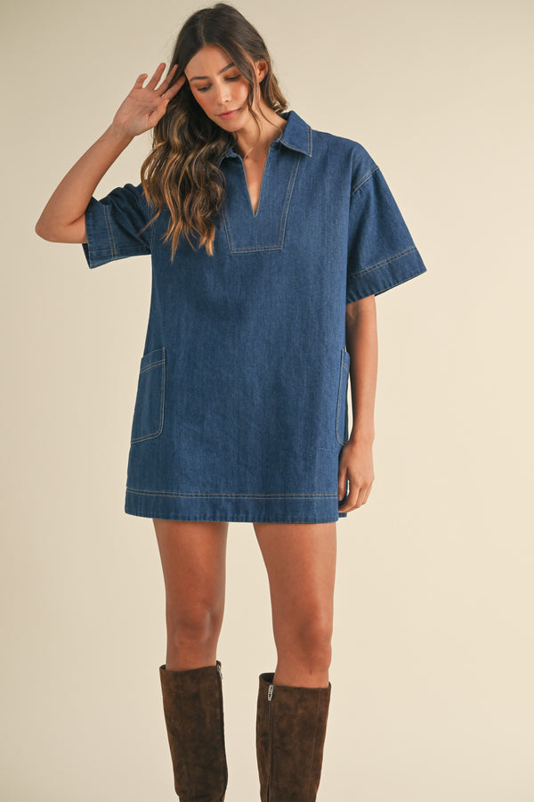 TYASHA DENIM COLLAR SIDE POCKETS MINI DRESS