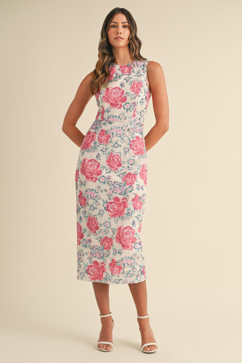 LORALYN FLORAL SEQUIN SLEEVELESS MIDI DRESS