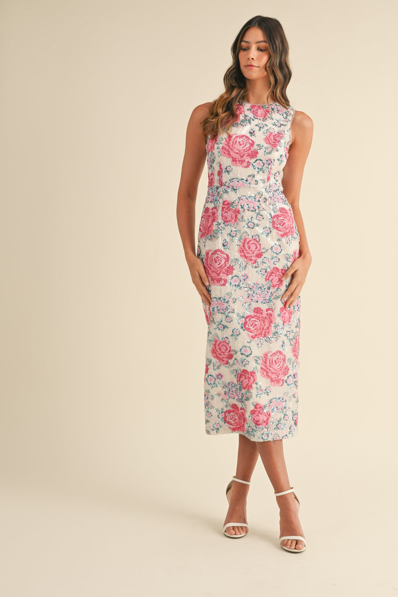 LORALYN FLORAL SEQUIN SLEEVELESS MIDI DRESS