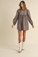 LILLY PRINTED BANDED CUFF LONG SLEEVE MINI DRESS