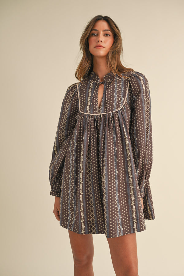 LILLY PRINTED BANDED CUFF LONG SLEEVE MINI DRESS