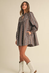LILLY PRINTED BANDED CUFF LONG SLEEVE MINI DRESS