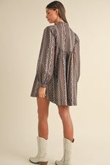LILLY PRINTED BANDED CUFF LONG SLEEVE MINI DRESS