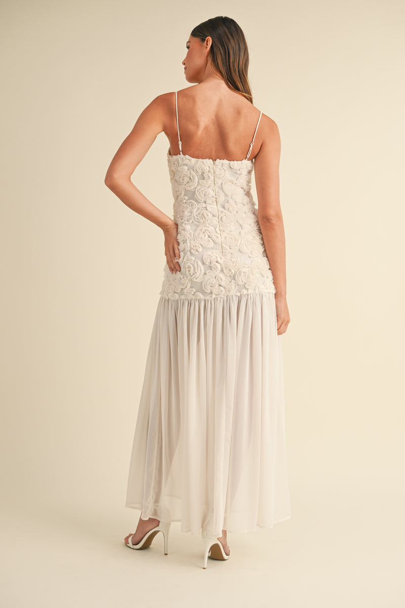 NAOMI FLORAL APPLIQUE PLEATED RUFFLE HEM DRESS