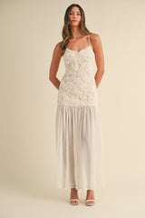 NAOMI FLORAL APPLIQUE PLEATED RUFFLE HEM DRESS