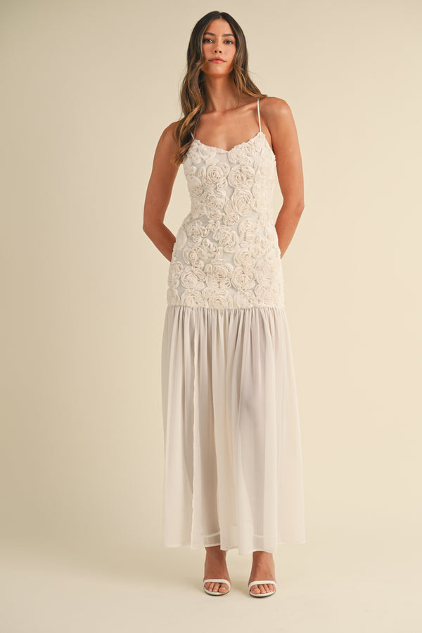NAOMI FLORAL APPLIQUE PLEATED RUFFLE HEM DRESS