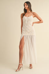 NAOMI FLORAL APPLIQUE PLEATED RUFFLE HEM DRESS