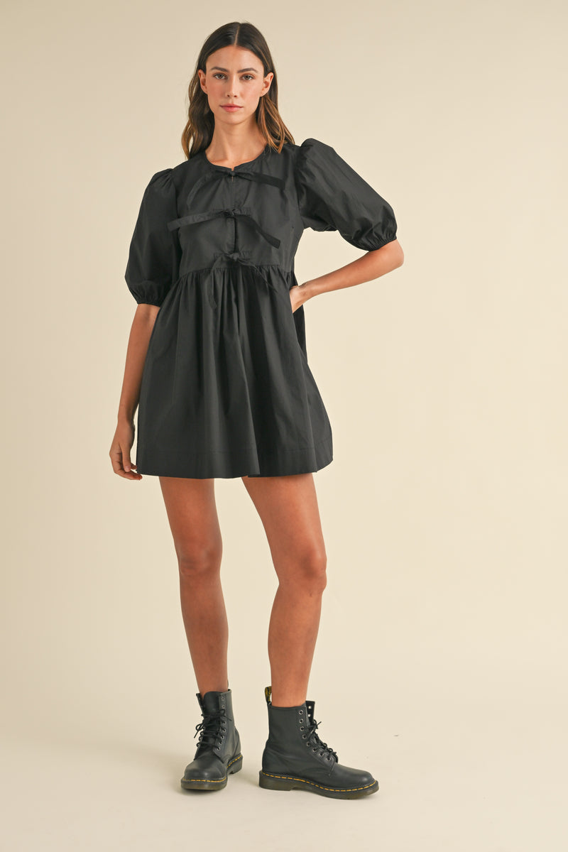 MACY POPLIN BOW DETAIL PUFF SLEEVES MINI DRESS