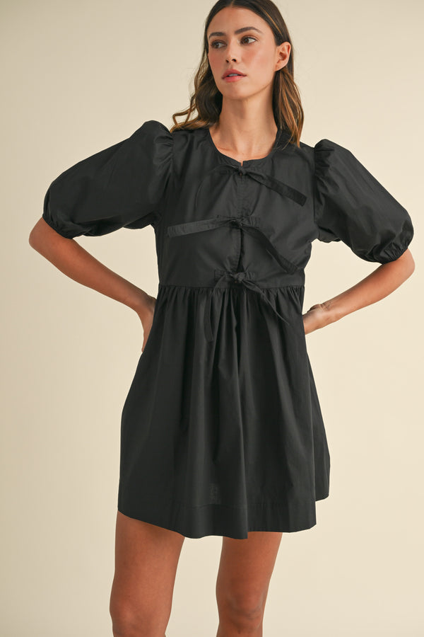 MACY POPLIN BOW DETAIL PUFF SLEEVES MINI DRESS
