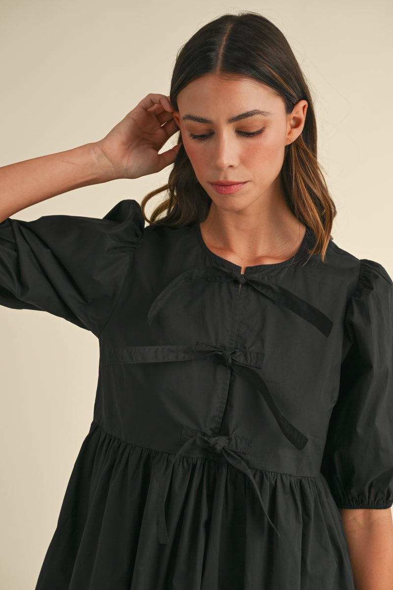 MACY POPLIN BOW DETAIL PUFF SLEEVES MINI DRESS