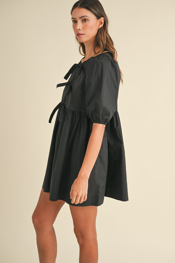 MACY POPLIN BOW DETAIL PUFF SLEEVES MINI DRESS