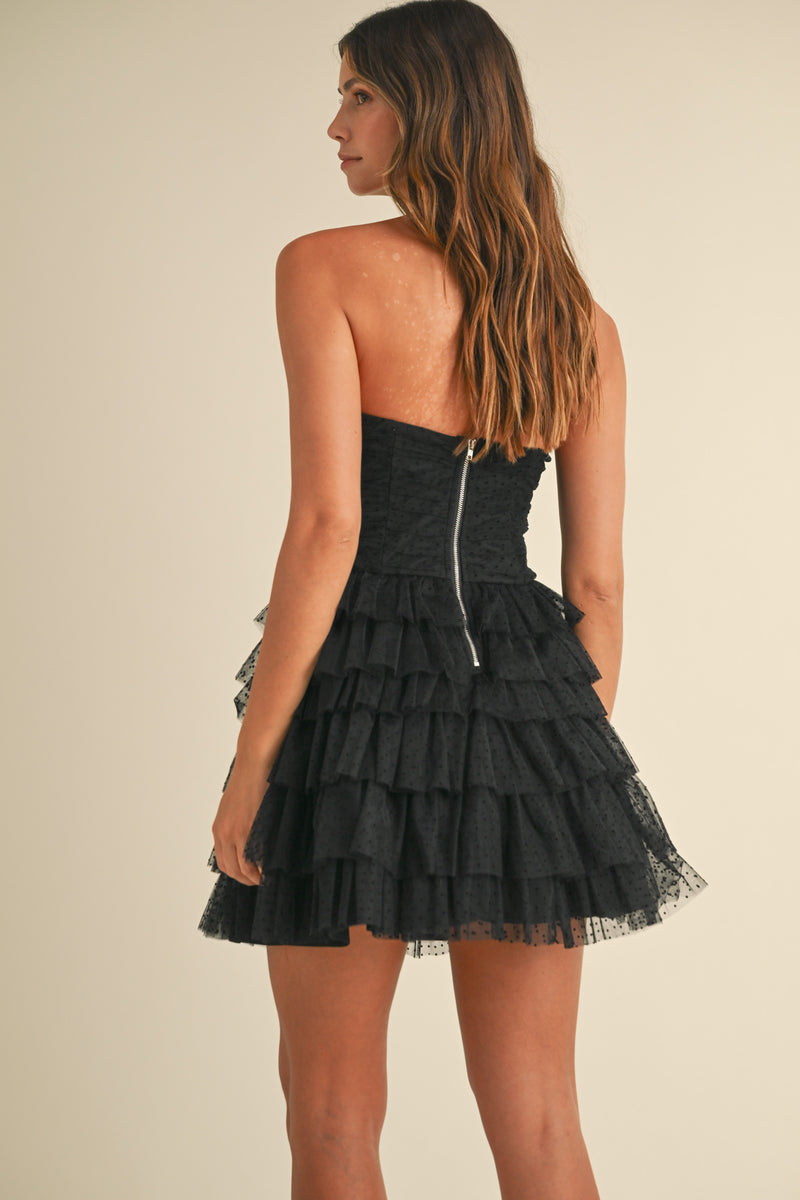 ADRIANNA POLKA DOT BOW TIERED MINI DRESS