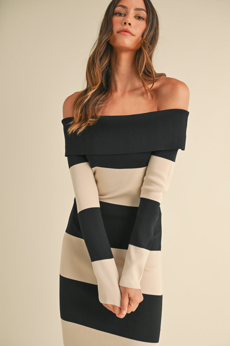 ANGELICA KNIT STRIPE OFF MIDI DRESS