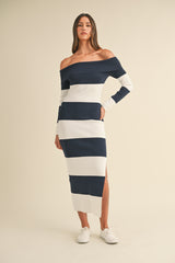 ANGELICA KNIT STRIPE OFF MIDI DRESS